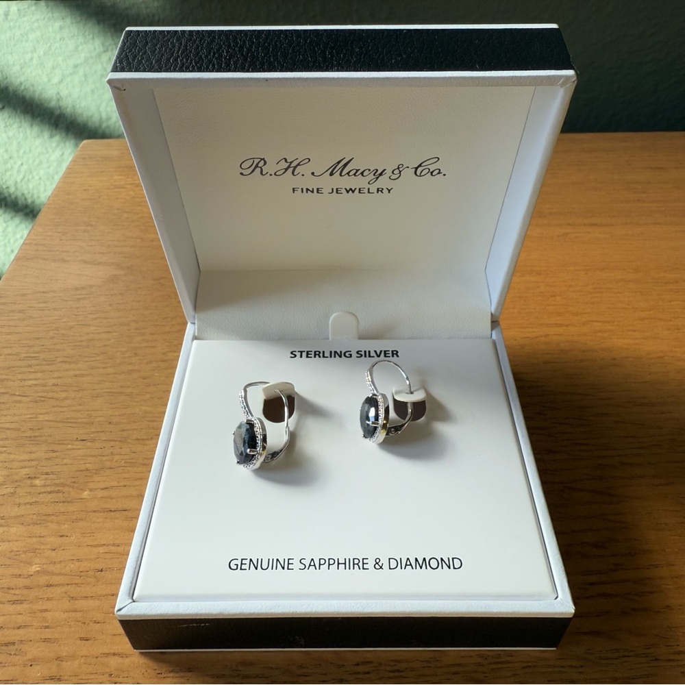 R.H. Macy & Co Sterling Silver Genuine Sapphire & Diamond Drop Earrings - NWT